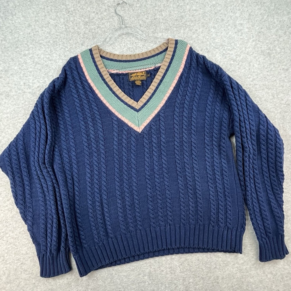 Vintage Eddie Bauer Sweater Mens L Blue Cable Knit Chunky V-Neck Tennis Cricket - Picture 3 of 9